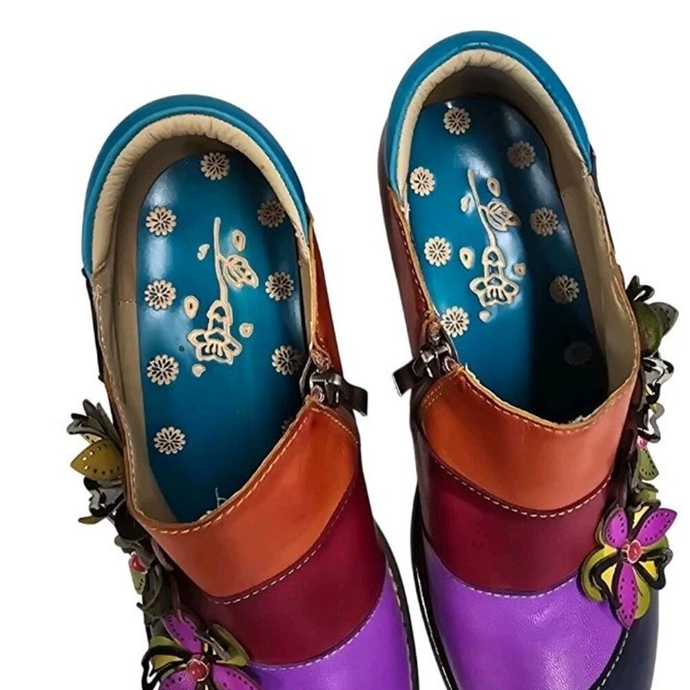 Socofy Women's Size 38 Floral Patchwork Leather Mary Jane Block Heel Shoes Zip - Picture 10 of 12